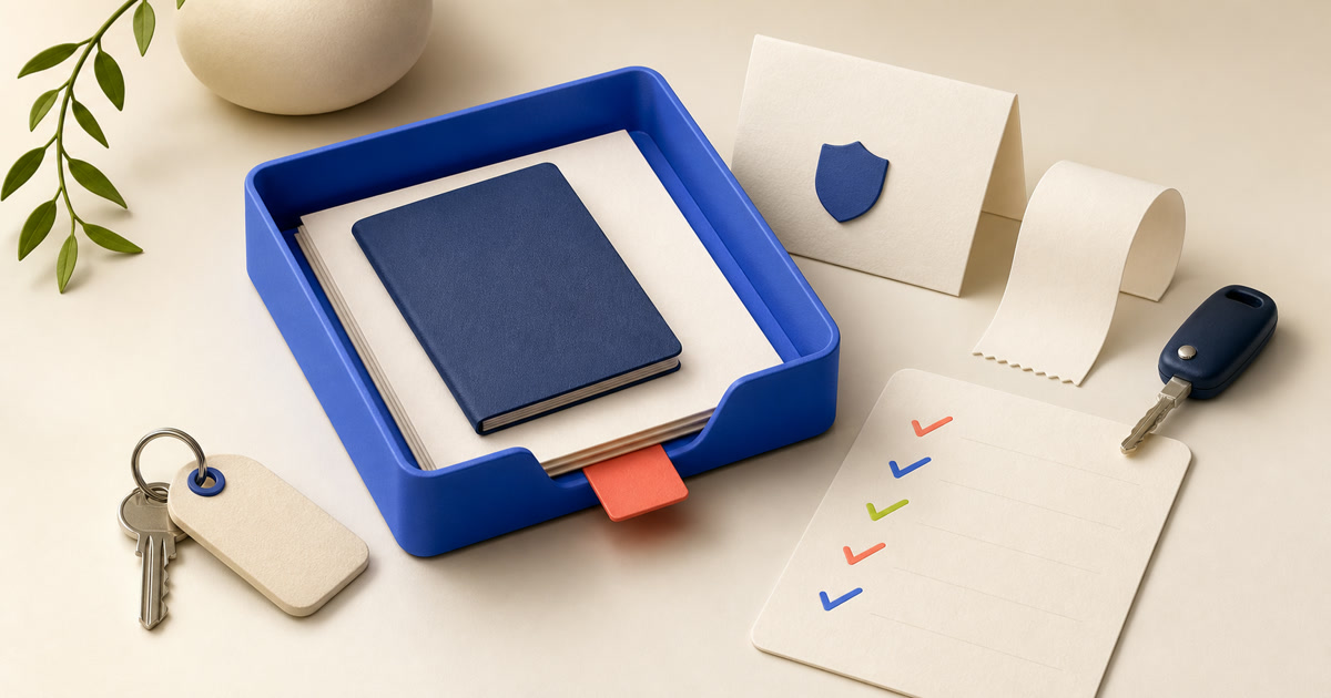 A tactile blue tray surrounded by a blank booklet, keys, receipt, insurance card, and colorful checklist