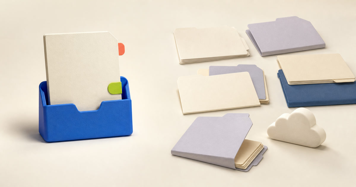 A focused blue document keeper beside a flexible spread of cream and lilac folders and a small cloud