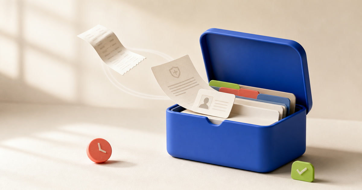 A tactile blue document keeper receiving cream household papers beside coral clock and green check tokens